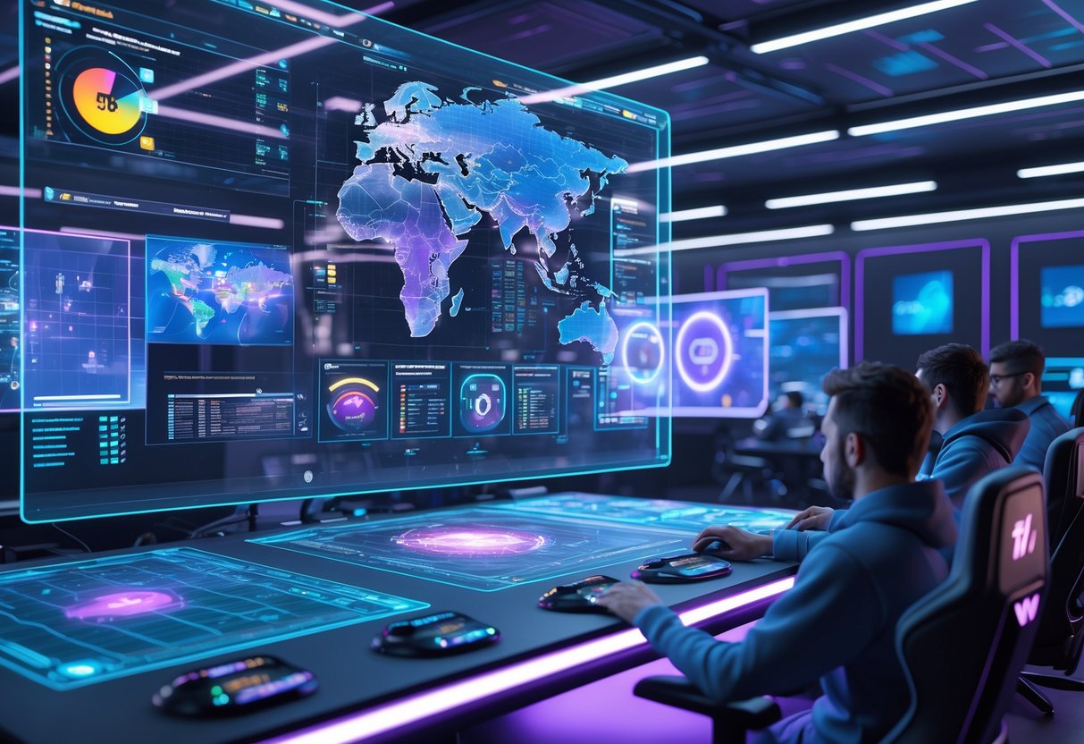 A group of people analysing esports gameplay data on a large holographic screen in a high-tech room filled with digital charts and gaming equipment.