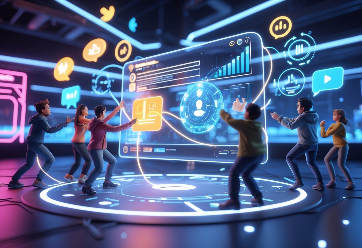 A group of players interacting around a glowing holographic display showing abstract game update symbols, connected by glowing lines in a futuristic gaming environment.