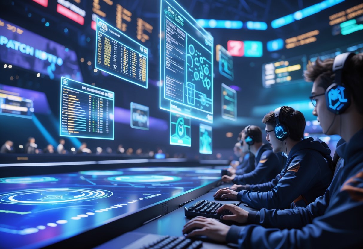 A group of competitive gamers analysing floating holographic game data and statistics inside a futuristic esports arena.