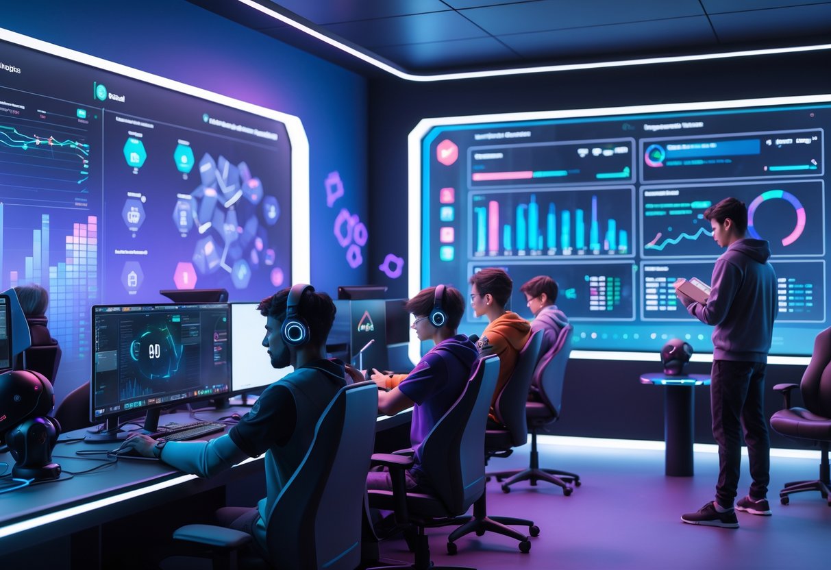 A group of young people training in a high-tech esports room with gaming stations, digital screens showing performance data, and a coach observing them.