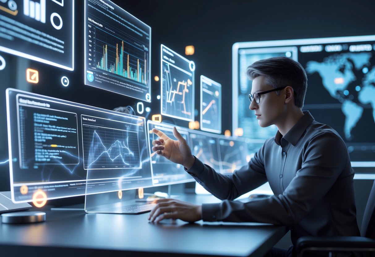 A person analysing multiple floating holographic screens with graphs and data in a futuristic workspace.