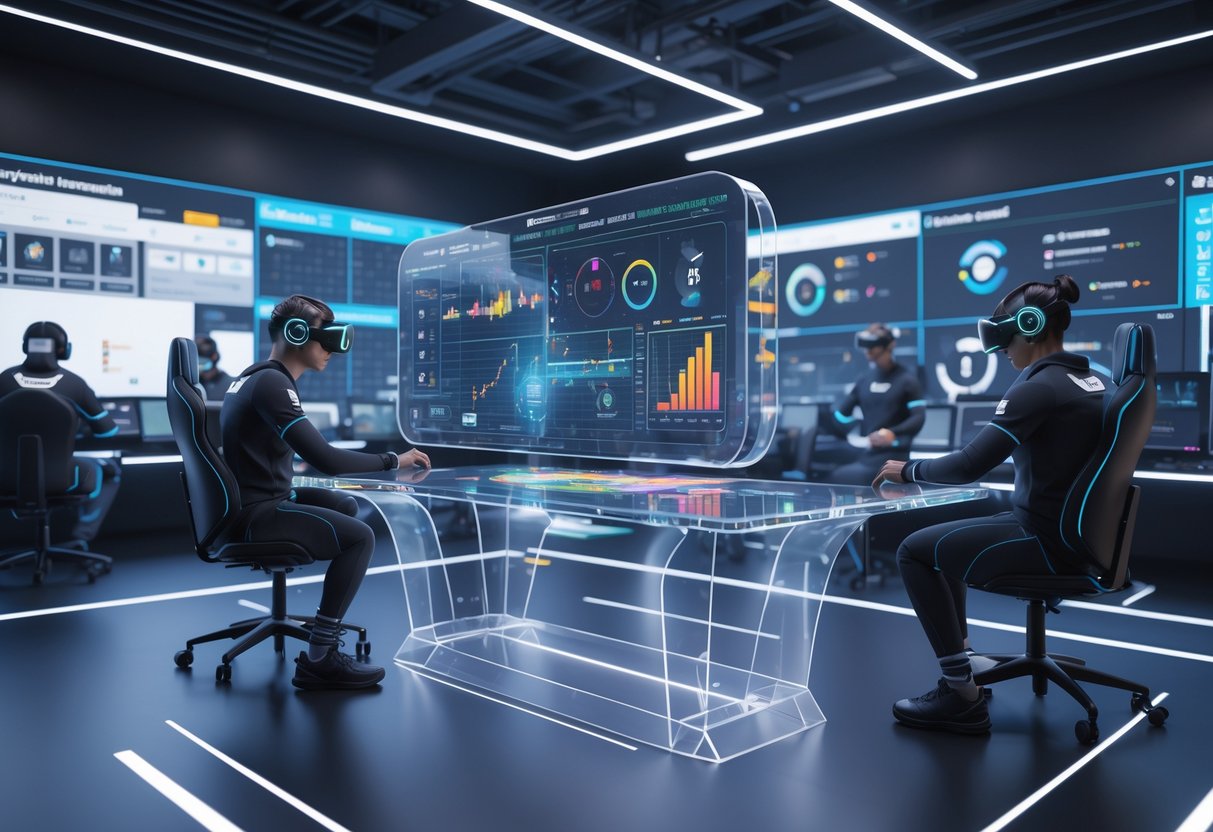 A futuristic esports training room with players using VR headsets and holographic displays showing performance data and analytics.