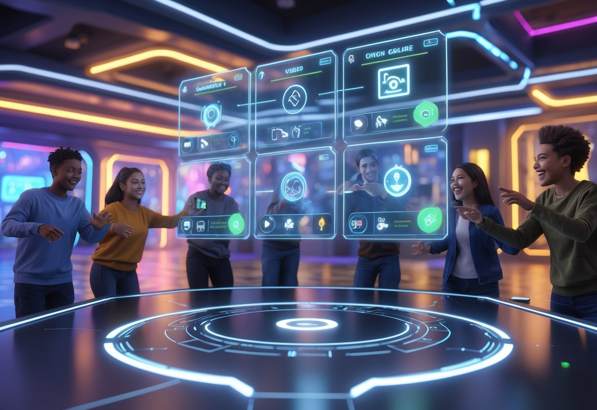 A group of new players interacting with a floating digital onboarding guide in a bright virtual game lobby.