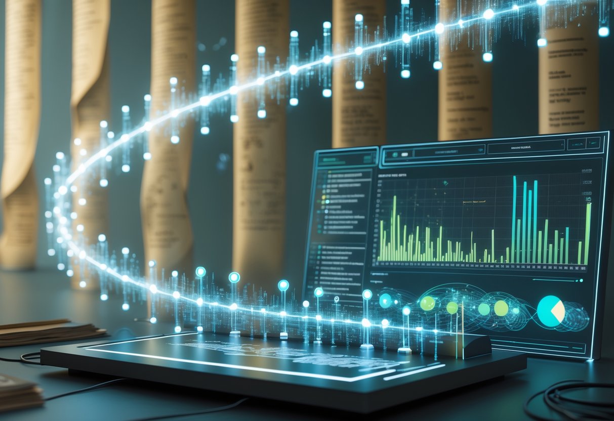 A futuristic scene showing a digital timeline with glowing data points and a holographic interface displaying charts and predictions about changes over time.