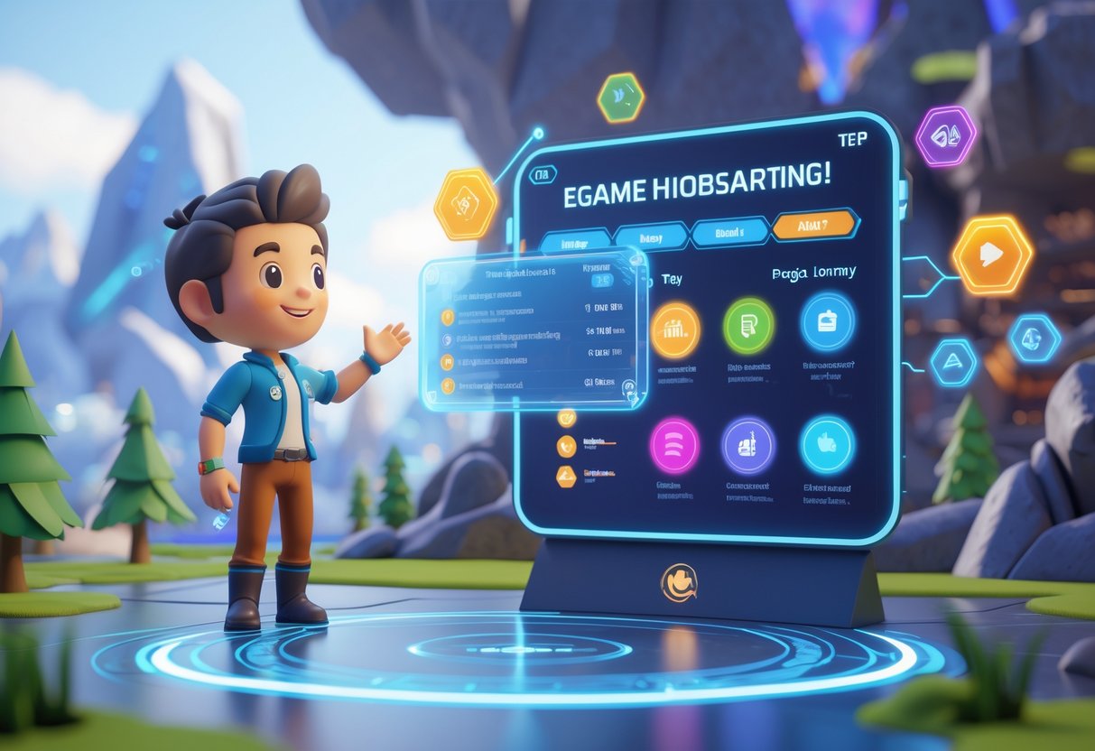 A friendly virtual guide next to a glowing holographic display showing game instructions in a colourful game world with forests and futuristic buildings.