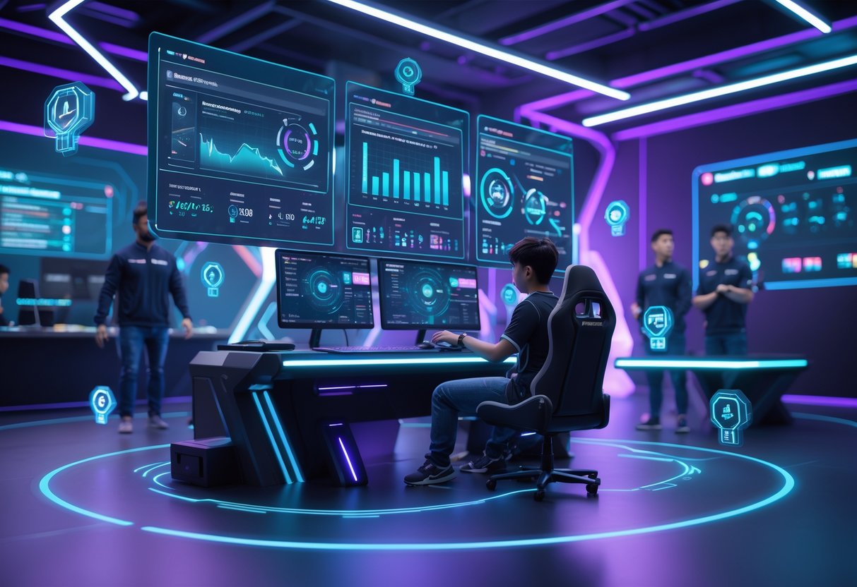 A young esports player at a gaming station with holographic screens showing performance data, surrounded by coaches in a futuristic training facility.