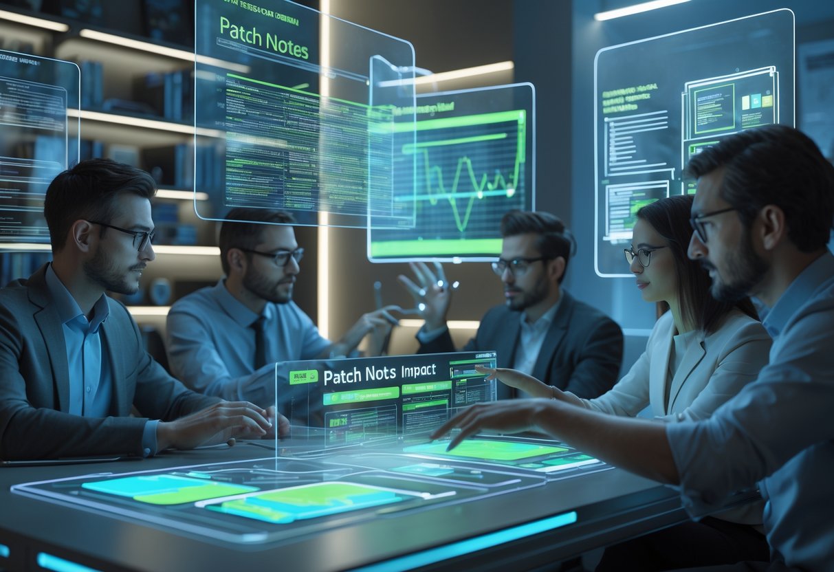 A group of professionals working together with floating holographic screens showing charts and data in a modern digital workspace.