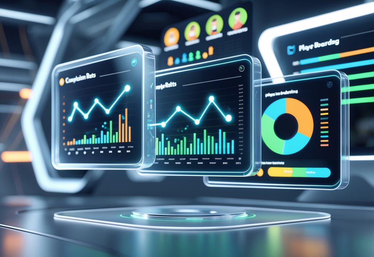 A 3D scene showing floating digital screens with colourful graphs and charts representing player onboarding completion and retention metrics in a high-tech workspace.
