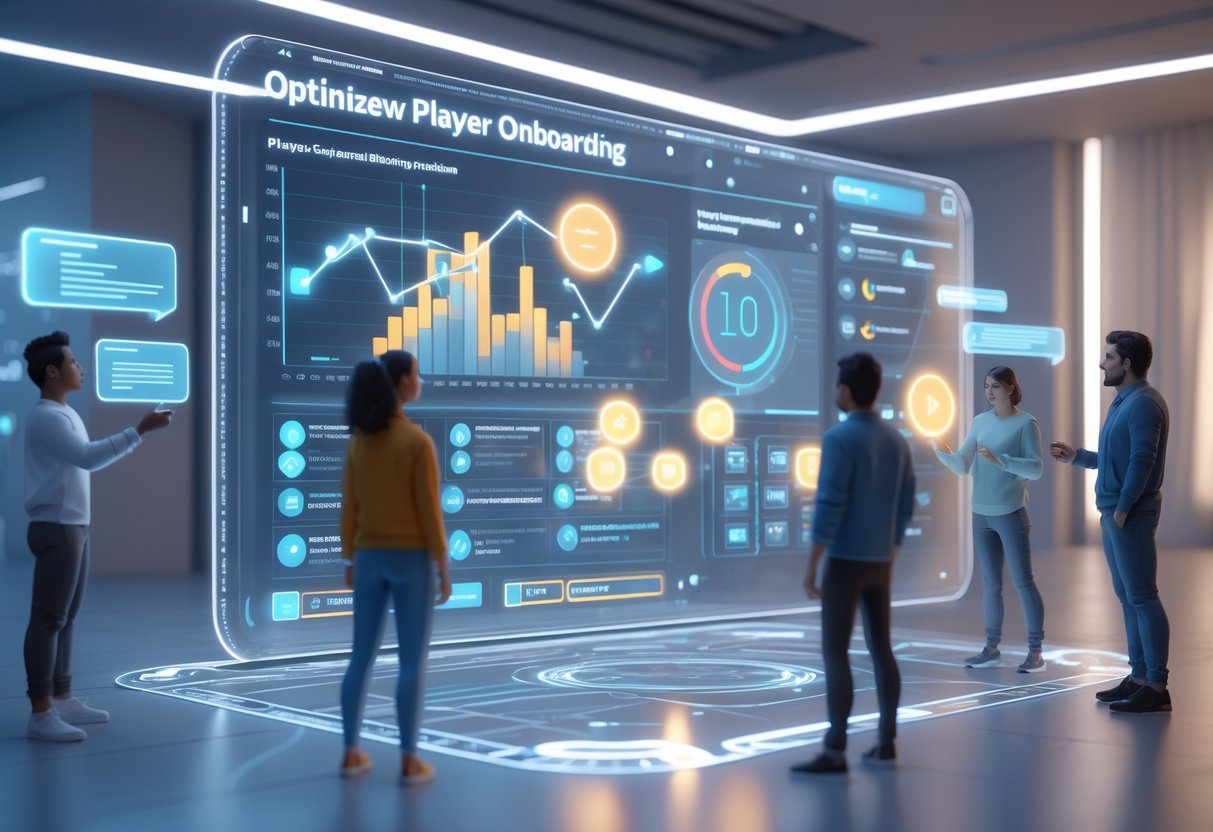 A futuristic digital workspace showing holographic data and avatars interacting with onboarding guides in a high-tech room.