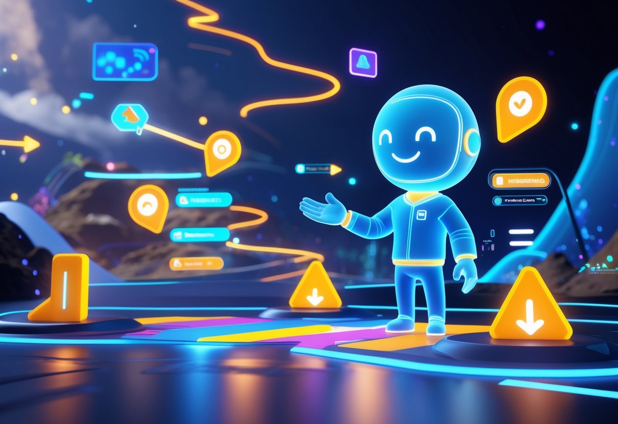 A 3D scene showing a holographic guide welcoming a new player avatar at the start of a colourful game path with floating icons and glowing checkpoints around them.