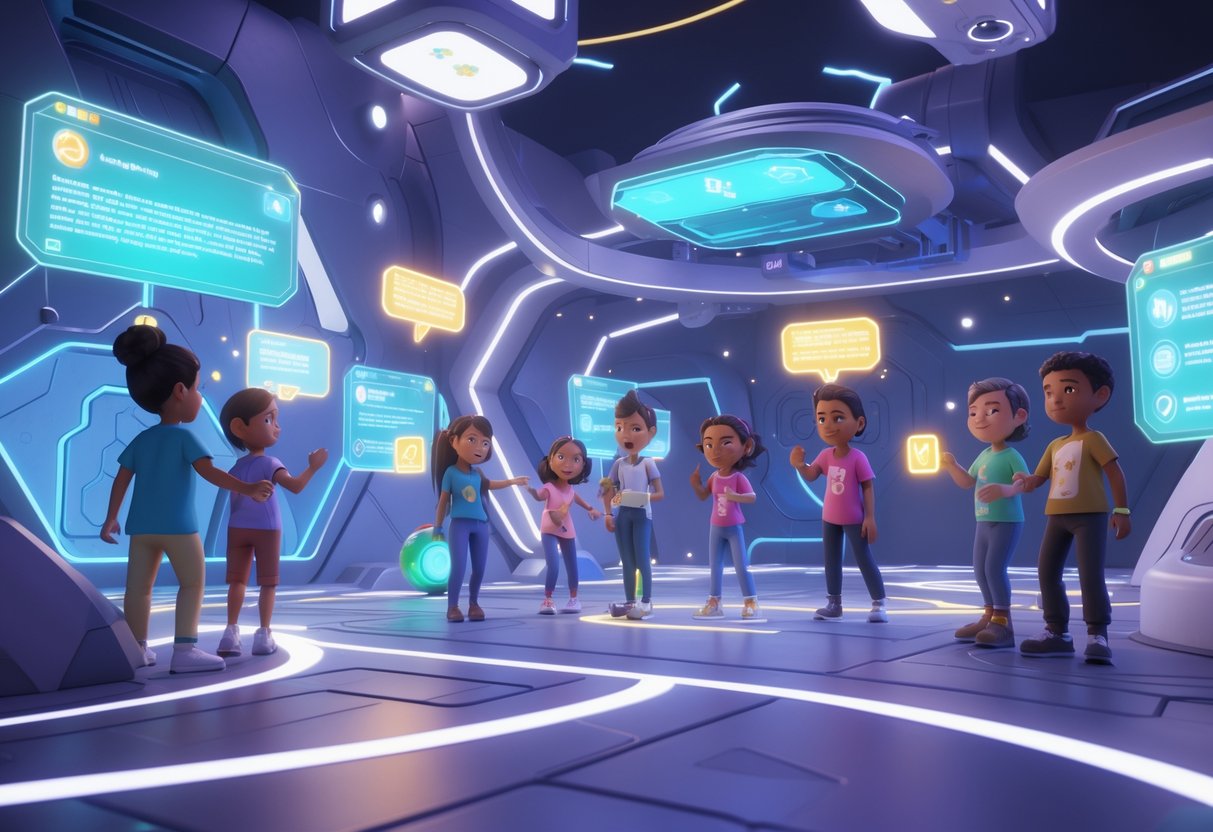 A futuristic virtual game space with diverse player avatars interacting with holographic guides and glowing pathways, showing a welcoming environment for new players.