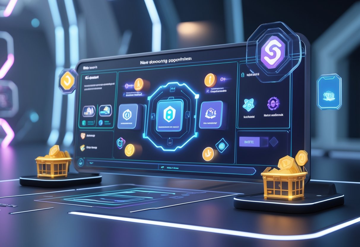 A 3D scene showing a futuristic digital interface with floating panels and icons representing player onboarding steps and monetisation options in a video game.
