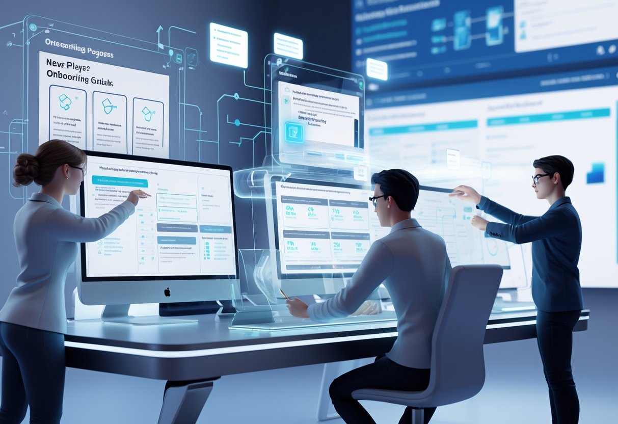A team working together at a futuristic desk with holographic screens showing game onboarding guides and progress charts.