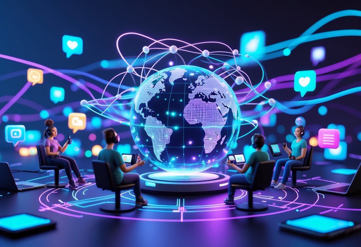 A 3D scene showing a glowing globe surrounded by digital avatars connected by streams of light, representing the influence of content creators and streamers.