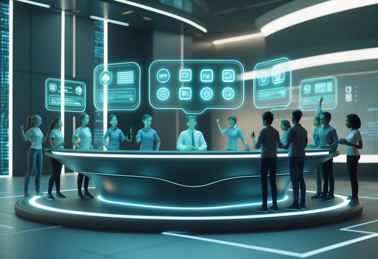 A futuristic digital help desk with floating holographic screens and diverse avatars interacting in a high-tech gaming lobby.