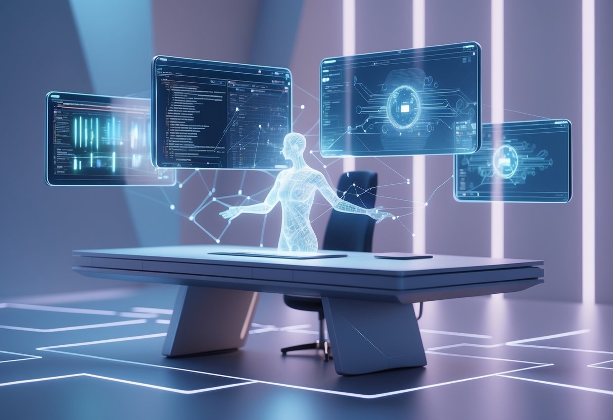 A futuristic workspace with holographic screens and a glowing human figure interacting with floating data and geometric shapes, representing evolving developer strategies and philosophy.