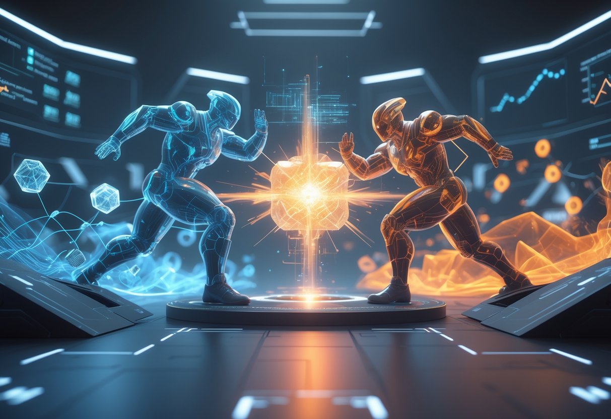 A digital arena showing two opposing groups represented by blue geometric shapes and orange fluid forms facing each other around a glowing central core, with floating data streams and grids surrounding them.