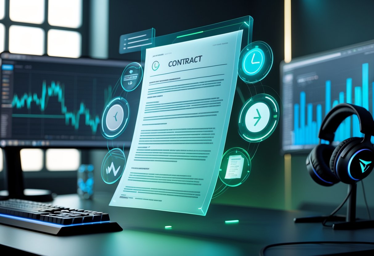 A digital contract with icons for duration, renewal, and exit clauses floating above a professional gaming setup.