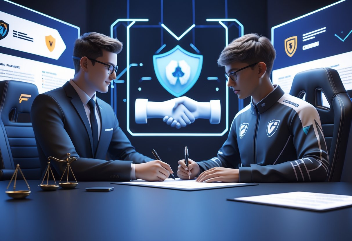 A professional esports player and a legal representative sit at a desk in a modern office, signing a contract with digital esports graphics displayed on screens around them.