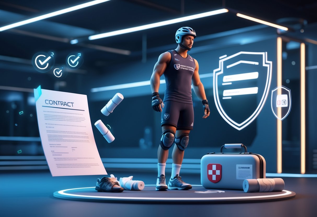 A professional athlete wearing protective sports gear stands in a high-tech sports facility surrounded by symbols of injury protection and player welfare, including a floating digital contract, a shield icon, and medical supplies.