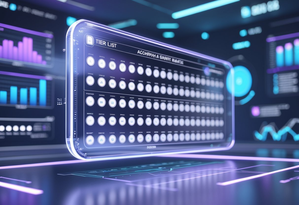 A futuristic digital holographic interface showing a tier list ranking system with icons arranged in rows and columns, surrounded by graphs and data visualisations in a high-tech control room.
