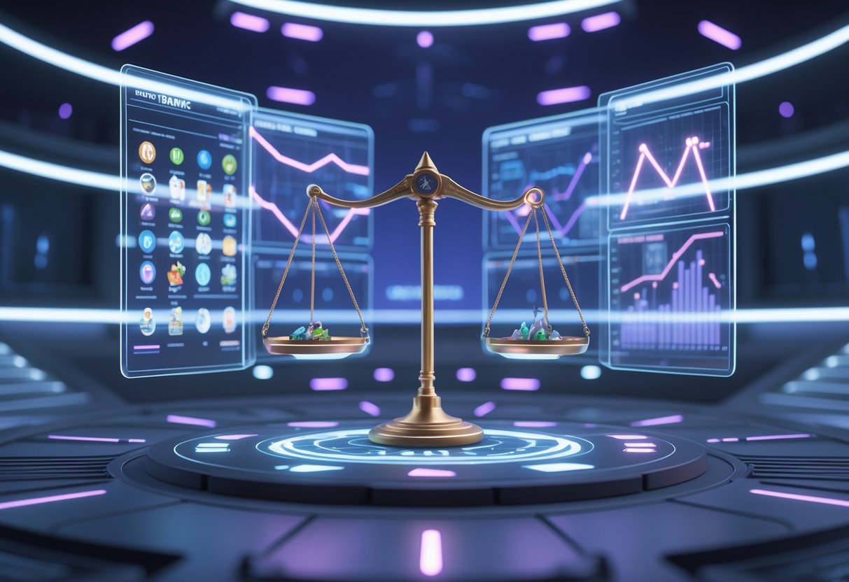 A futuristic digital interface showing a balanced scale with game elements on one side and interconnected nodes on the other, set in a high-tech control room.