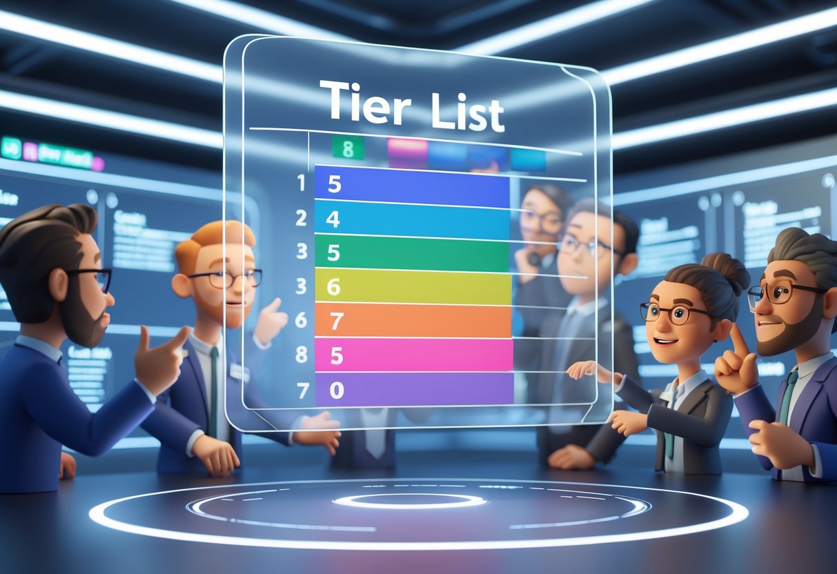 A group of people animatedly discussing a floating tier list chart in a high-tech room.