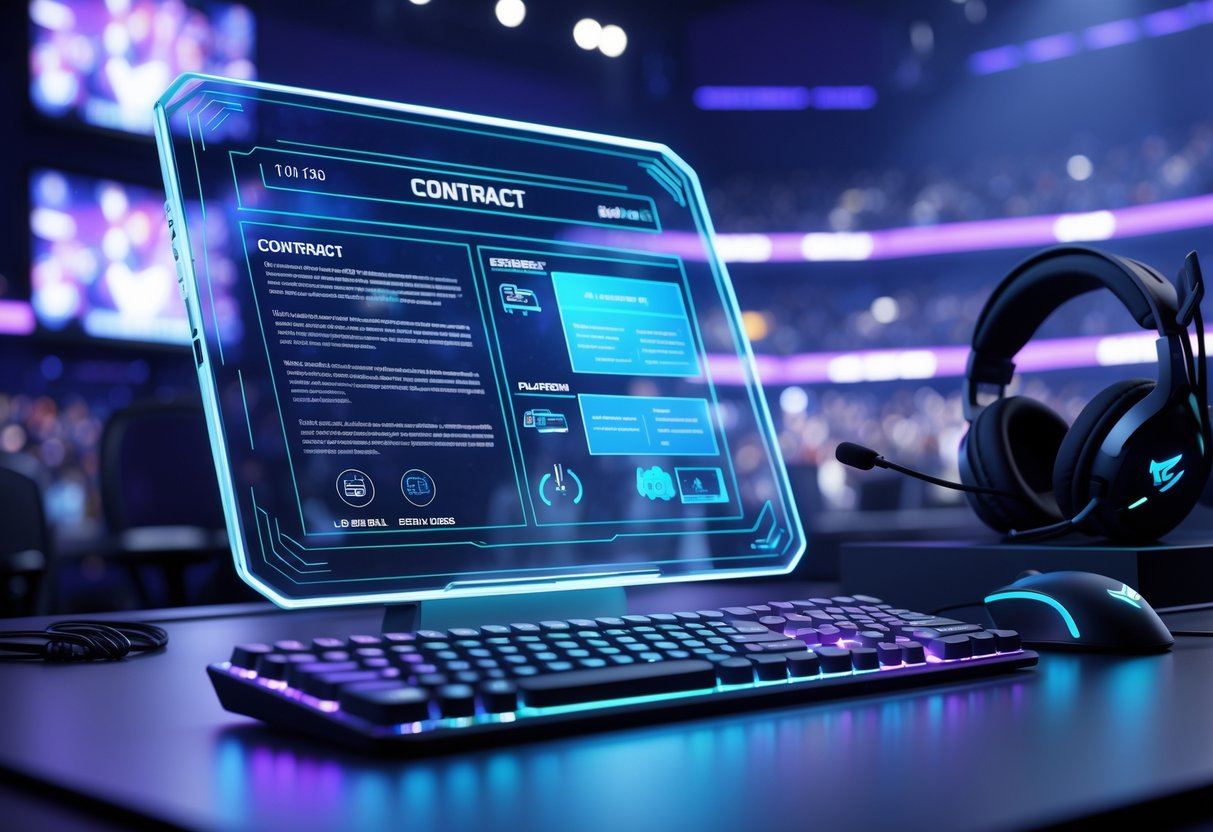 A 3D scene showing a professional esports player's contract displayed as holograms on a digital tablet on a desk with gaming equipment and an esports arena in the background.