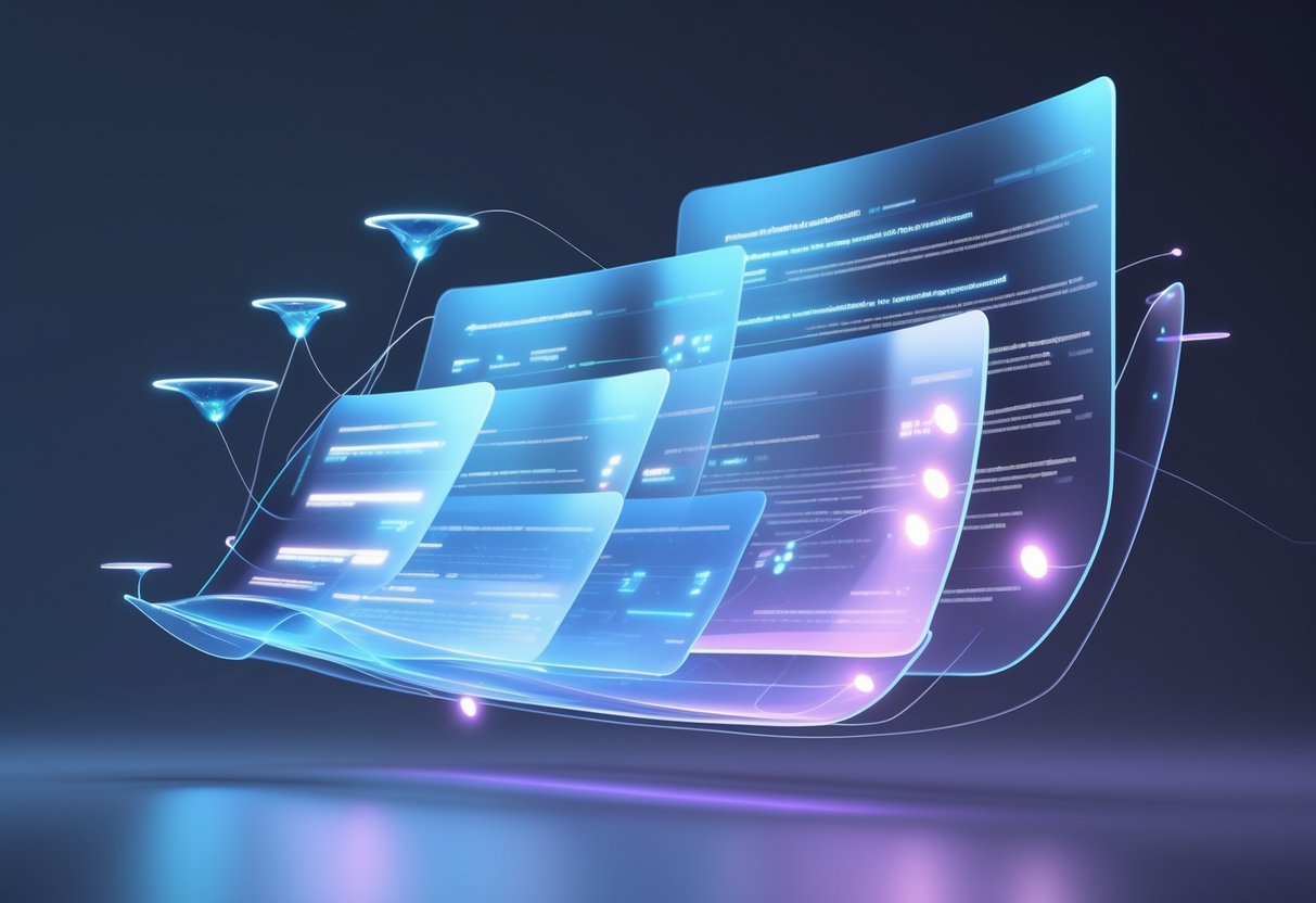 A 3D scene showing a floating holographic interface with glowing interconnected panels and nodes representing shifting layers of information.
