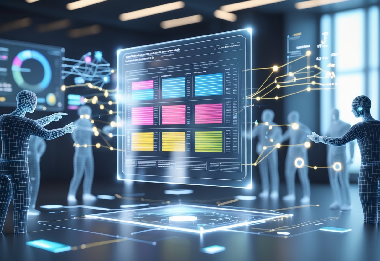 A futuristic digital workspace with a holographic display showing tier lists and graphs, with abstract figures discussing and analysing data.