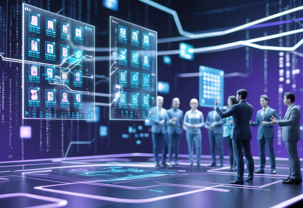 A futuristic digital workspace showing floating holographic tier lists with glitching effects, surrounded by flowing data streams and people discussing the information.