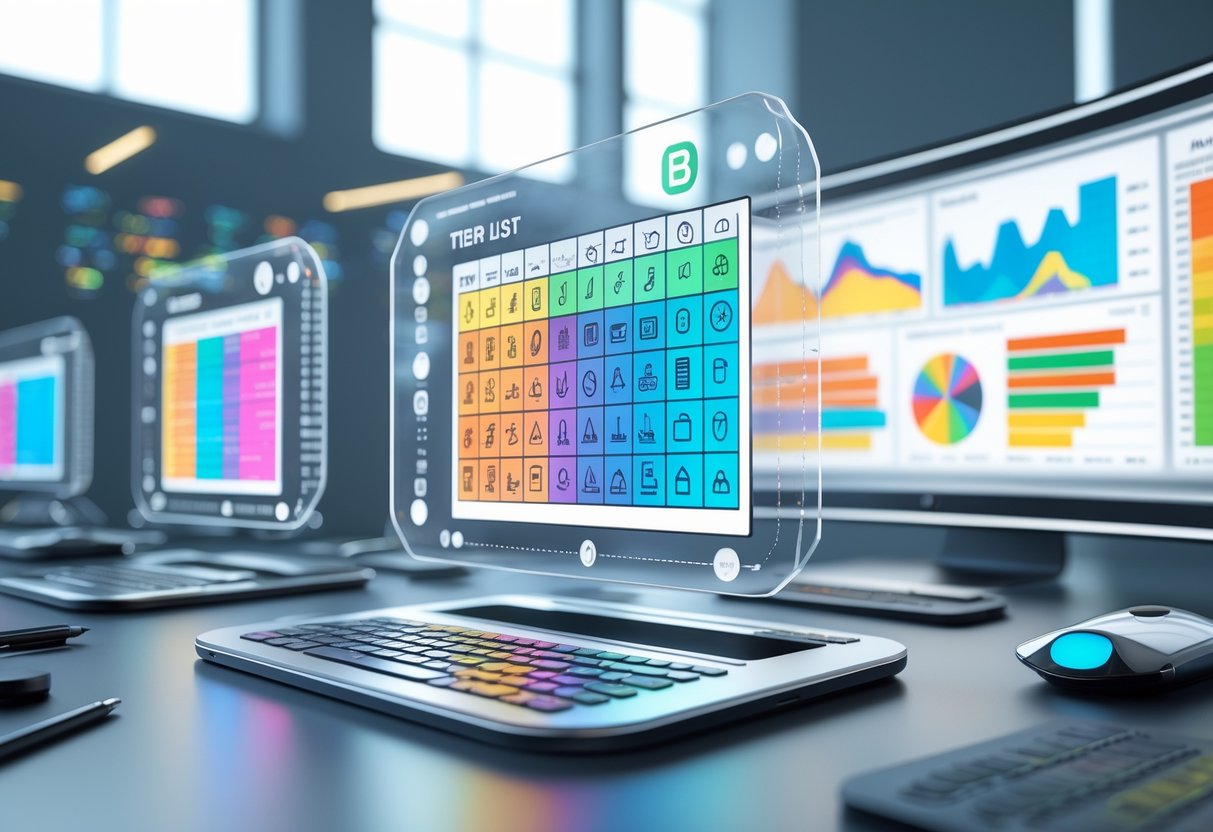 A digital workspace with floating holographic tier lists and futuristic tools showing ranked icons and accuracy charts.