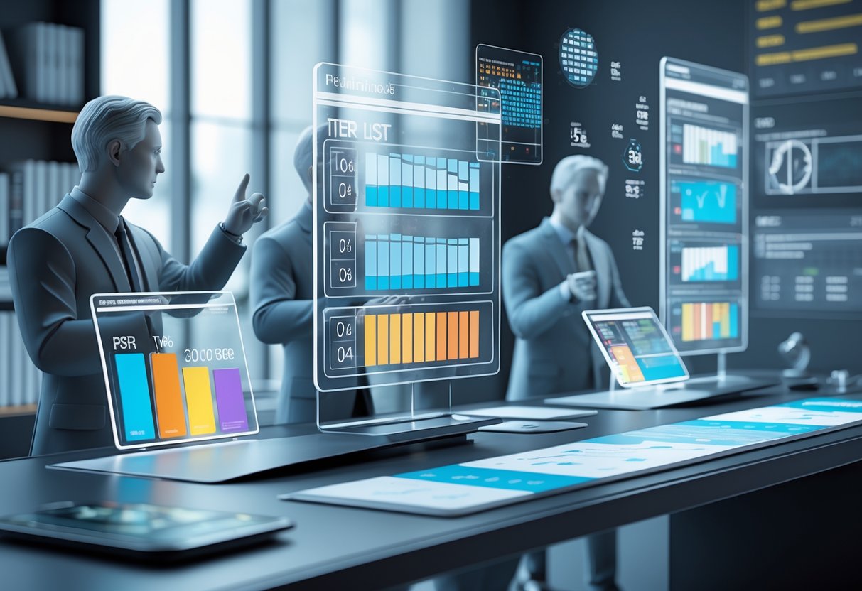 A workspace with holographic tier lists and charts, showing two people discussing data and accuracy.