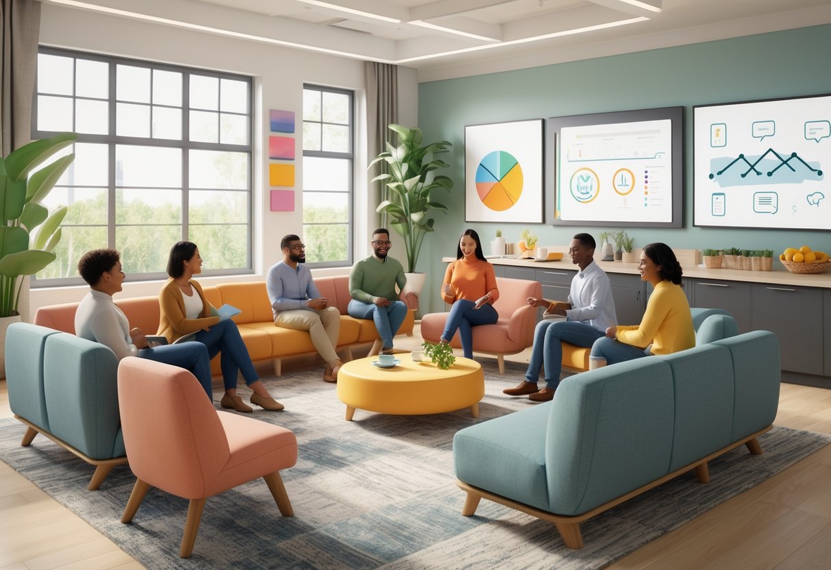 A spacious, bright team house living area with people talking and working together, featuring comfortable seating, plants, and a kitchen space.
