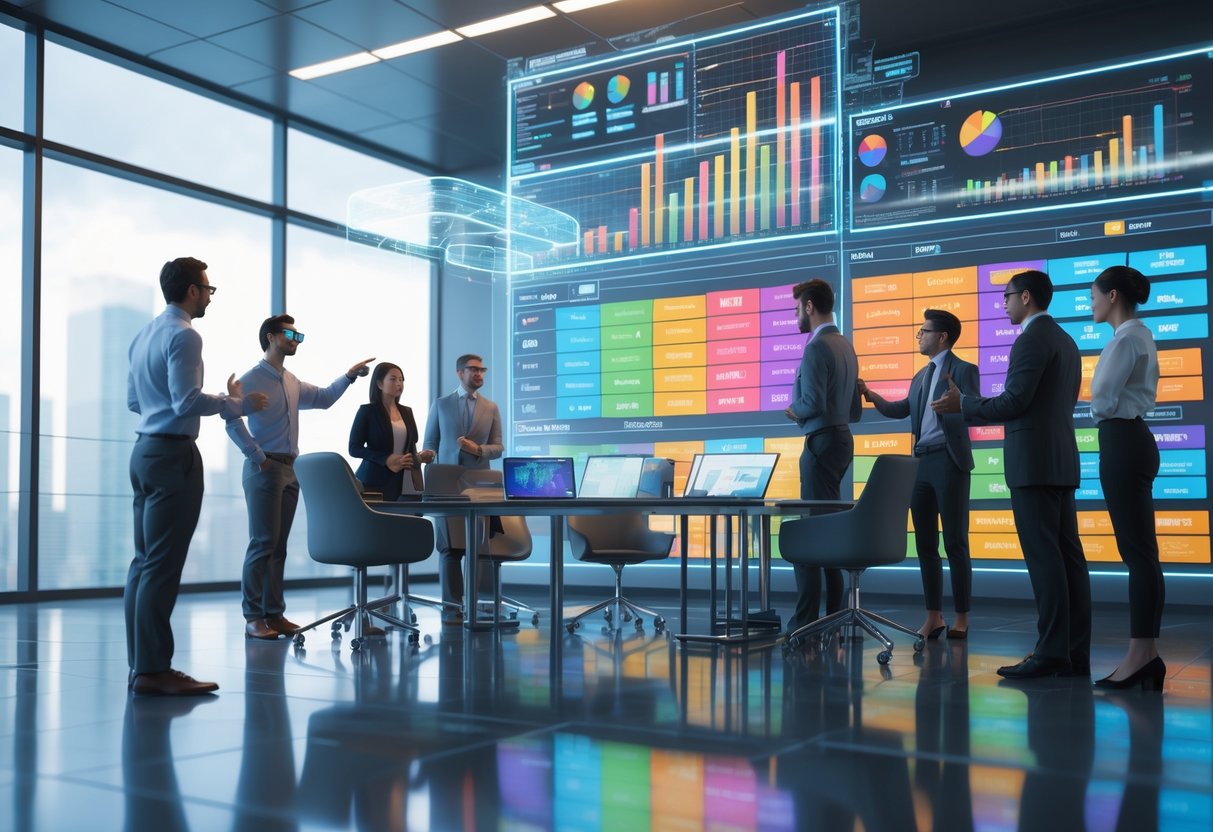 A group of professionals discussing colourful data charts and tier lists displayed on a large transparent digital screen in a modern office.