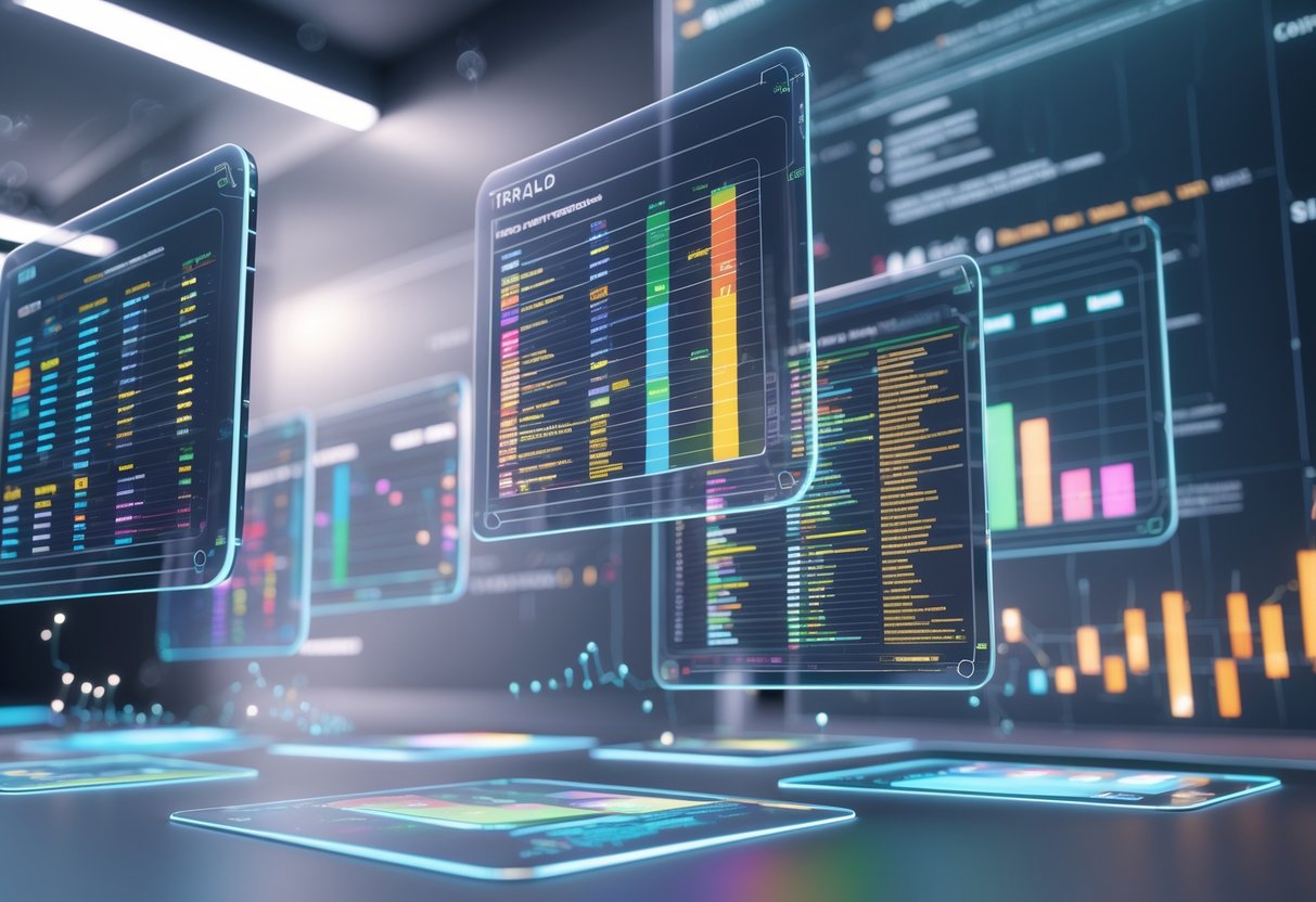 A futuristic digital workspace with floating holographic screens showing colourful tier list charts and animated graphs representing ongoing updates and accuracy debates.