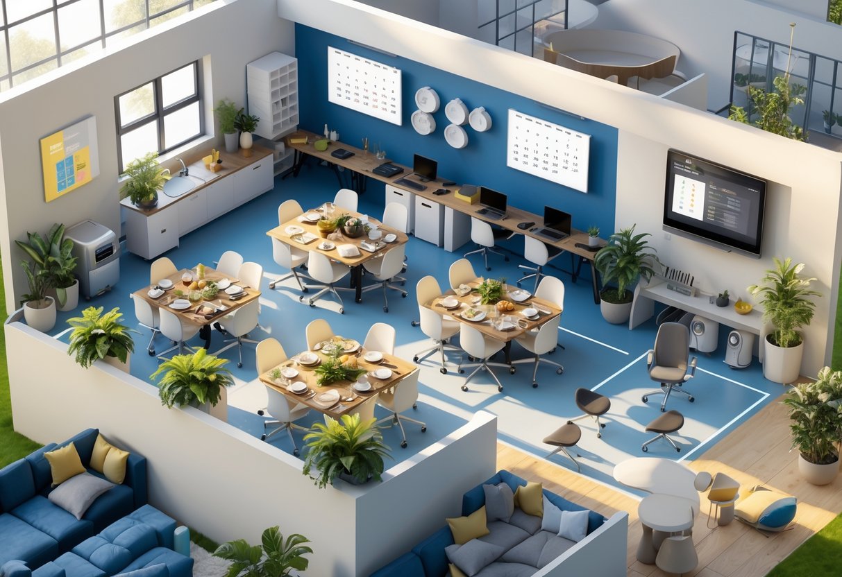 Interior view of a modern team house with a living area, dining table, workstations, gym corner, and relaxation space, showing a comfortable and collaborative environment.