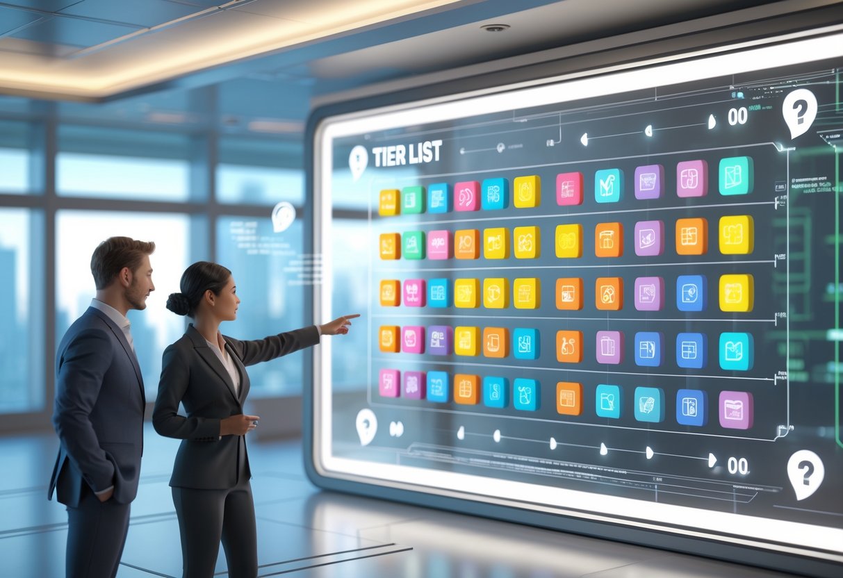 Two people discussing a colourful tier list chart displayed on a large transparent screen in a modern conference room with a city view.