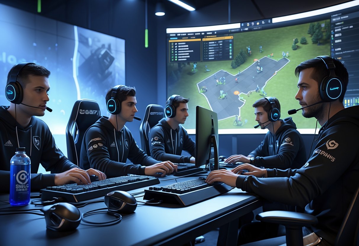 A group of five gamers focused on playing Counter-Strike: Global Offensive in a dimly lit esports studio with gaming gear and a large tactical map screen behind them.