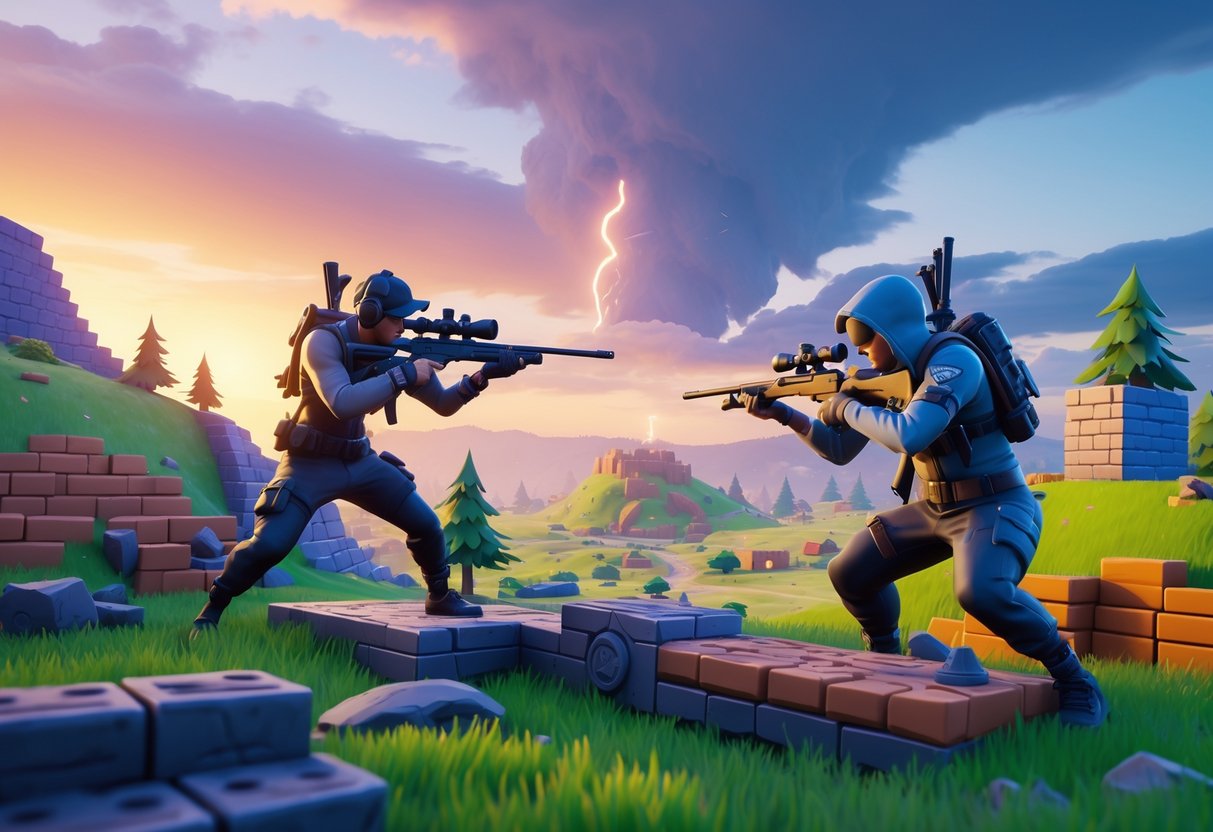 Two Fortnite players aiming sniper rifles from built structures in a vibrant game landscape with hills and trees, preparing for a competitive match.
