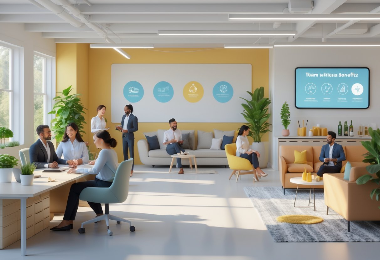 A 3D scene of a modern office with people working and relaxing in areas designed for comfort and wellbeing, including a lounge, indoor plants, and a communal kitchen.