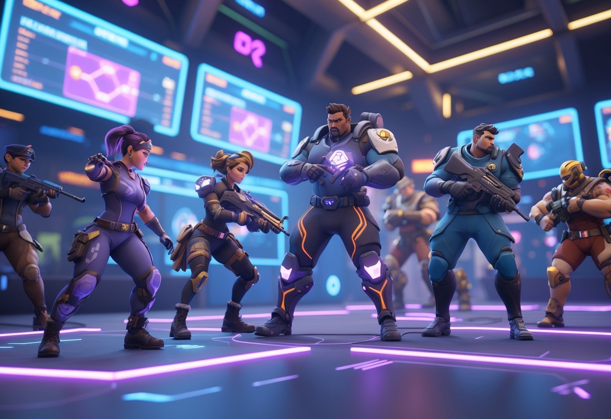 A 3D scene showing characters from different multiplayer games in a futuristic arena, engaged in a team-based battle with holographic maps and glowing effects.