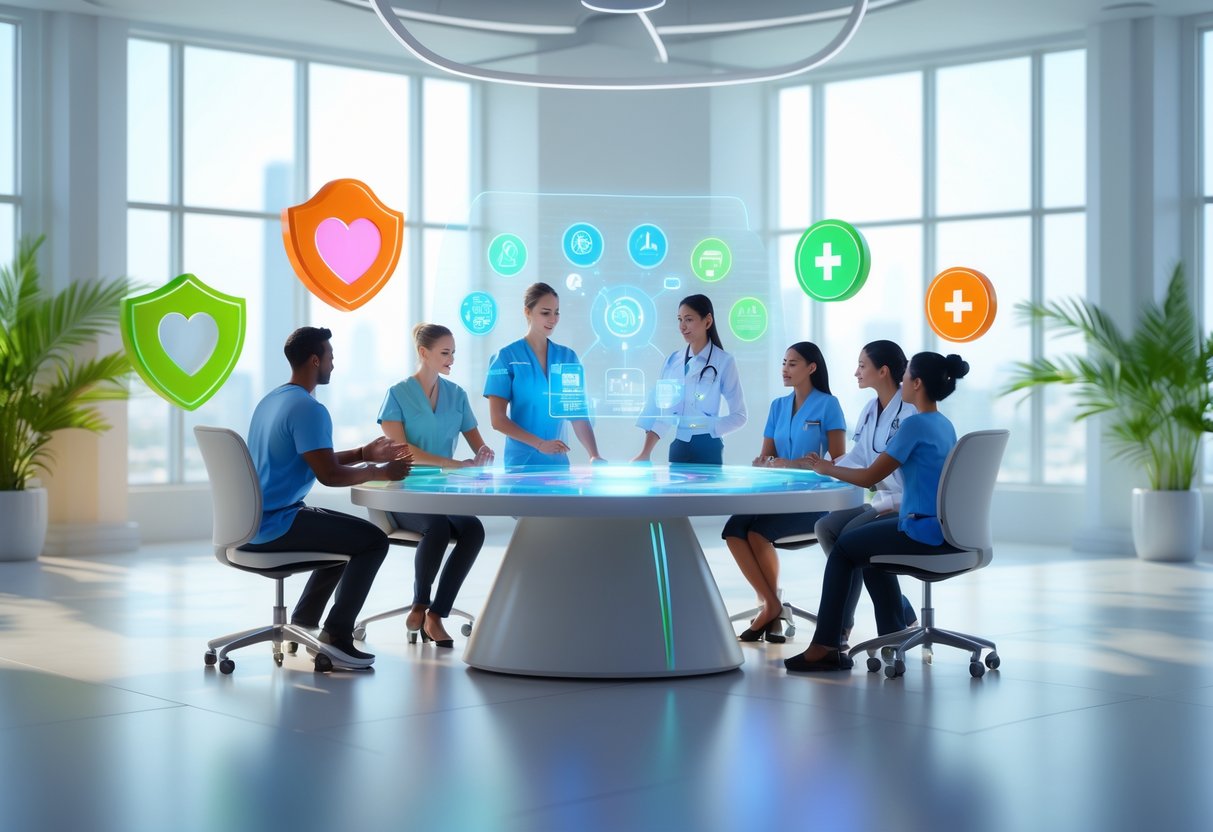 A group of healthcare professionals discussing wellness and preventative care benefits around a digital table with floating health icons in a bright office.