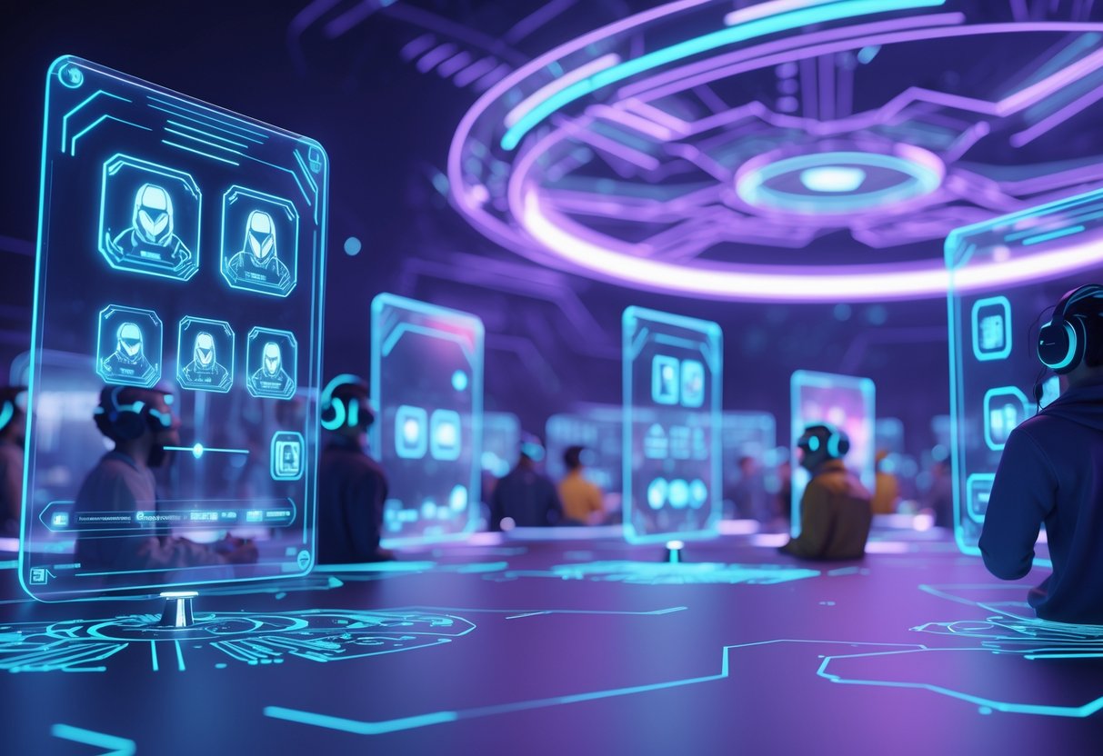 A digital scene showing avatars interacting with floating holographic screens in a glowing circular arena, symbolising an online gaming community and competitive scrims.
