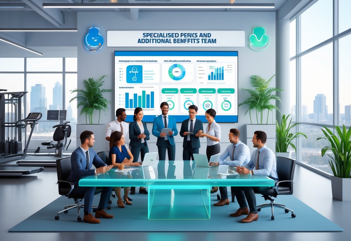 A group of professionals collaborating in a modern office space with areas for wellness, exercise, and refreshments, symbolising employee benefits.