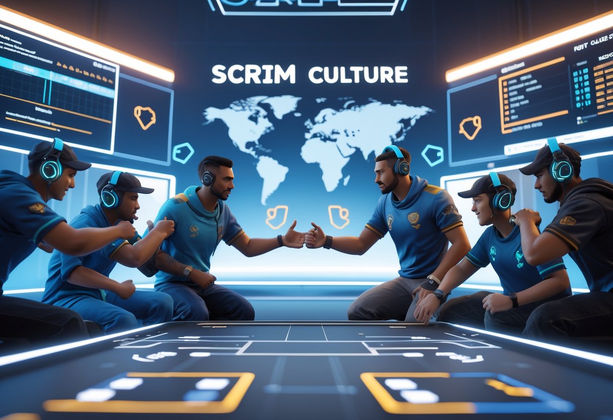 Two teams of players in a virtual gaming arena working together and communicating respectfully during a scrim match.