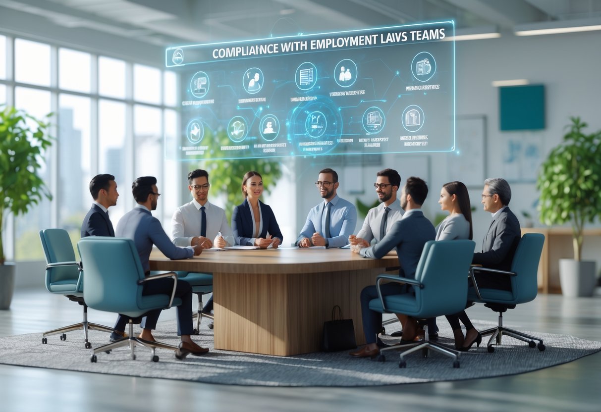 A group of professionals in an office discussing employee benefits with holographic icons above a conference table.
