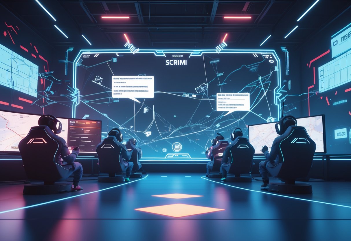 Two esports teams competing in a virtual gaming arena with holographic displays and glitch effects showing tension and conflict.