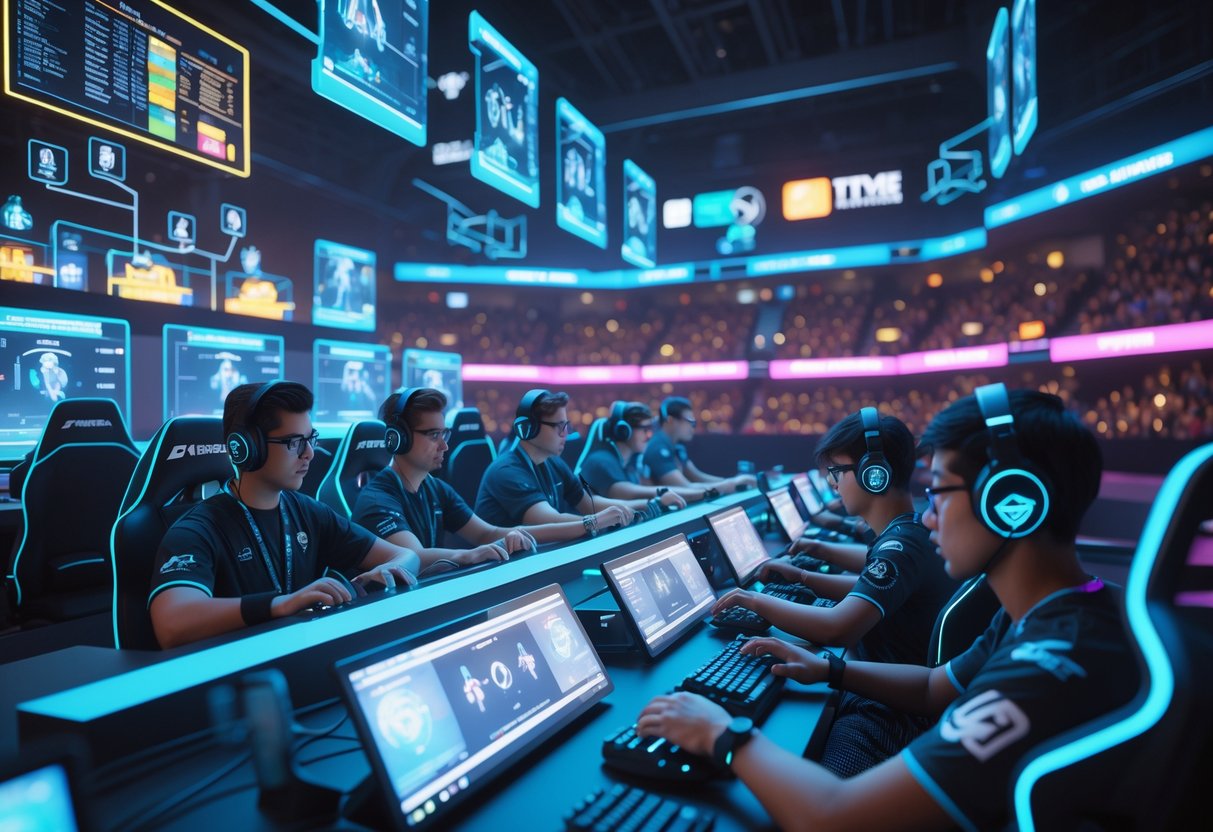 A futuristic esports arena with gamers wearing advanced headsets, surrounded by holographic screens and digital data displays, showing a competitive gaming environment.