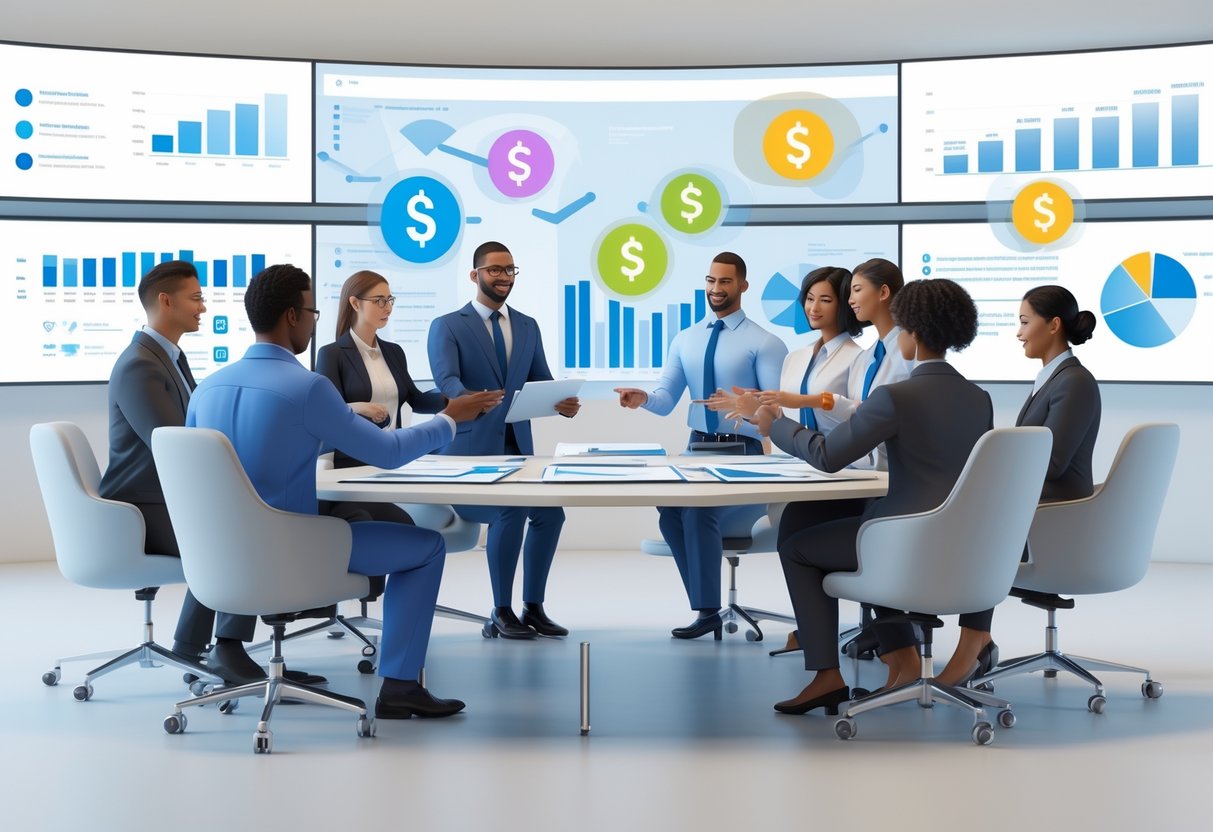 A group of diverse employees and employers discussing benefits and costs around a table in a bright office with digital charts and icons representing money and health benefits.